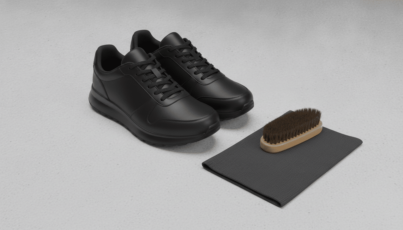 Black leather sneakers with shoe brush and cloth on grey surface
