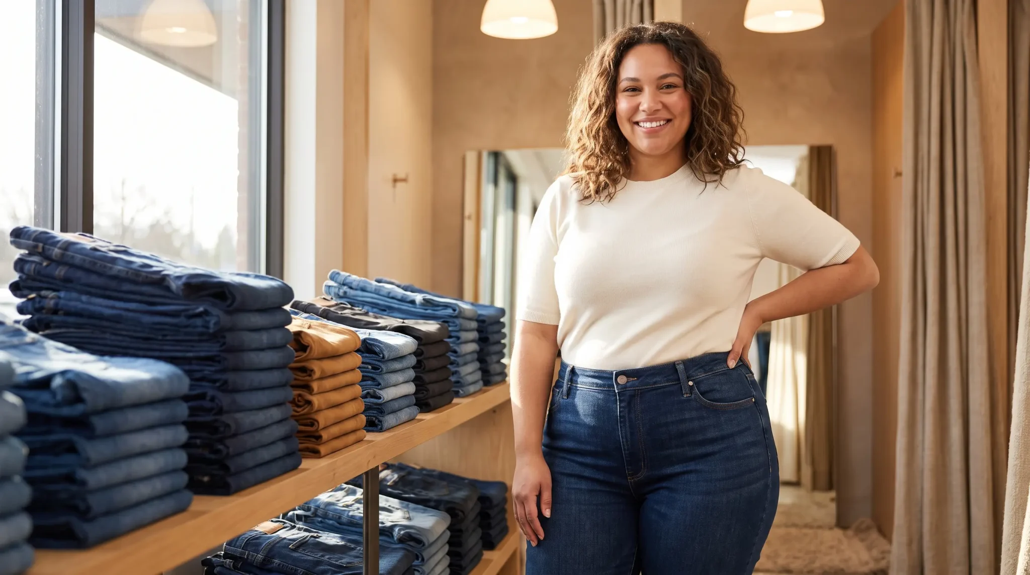 Woman smiling in clothing store next to folded jeans on wooden shelves