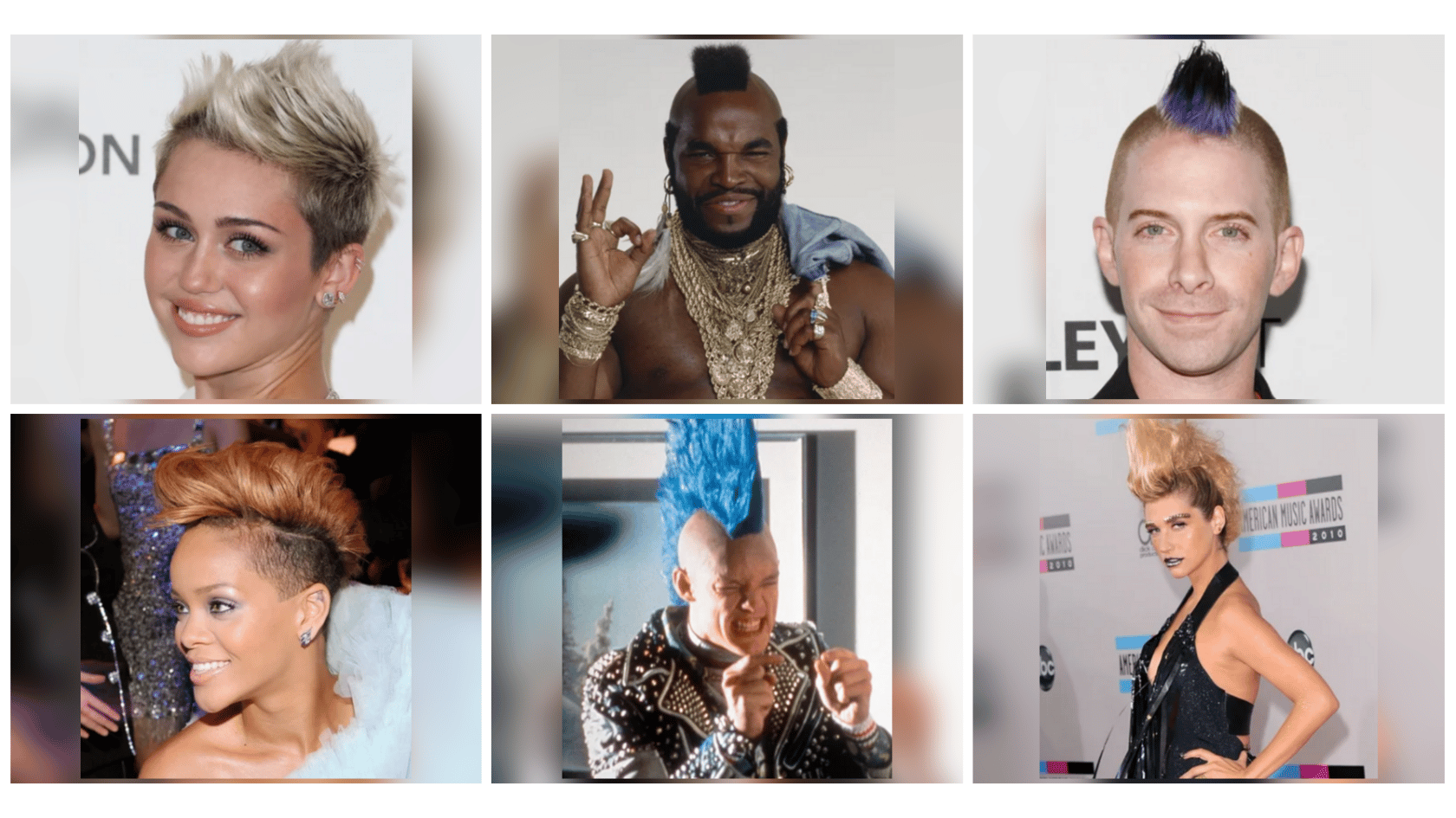 Rihanna, Mr. T, Seth Green, and Miley Cyrus display different types of mohawks.