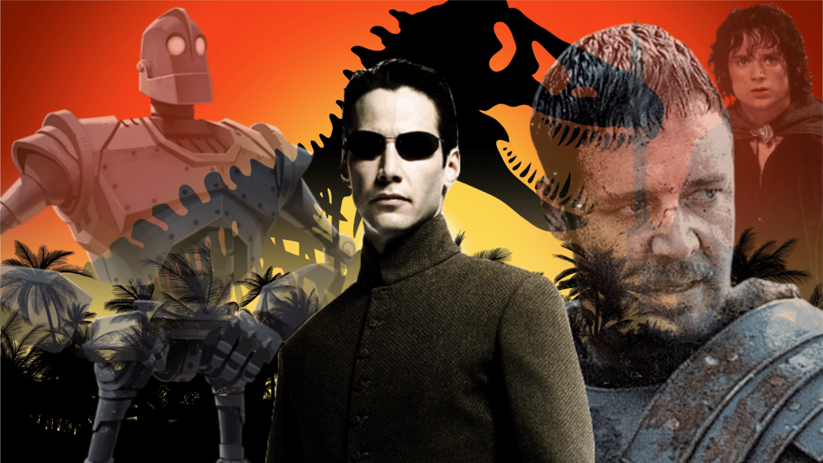 Matrix, Iron Giant, Gladiator, Frodo, and dinosaur shadow in a cinematic sunset collage with palm silhouettes.
