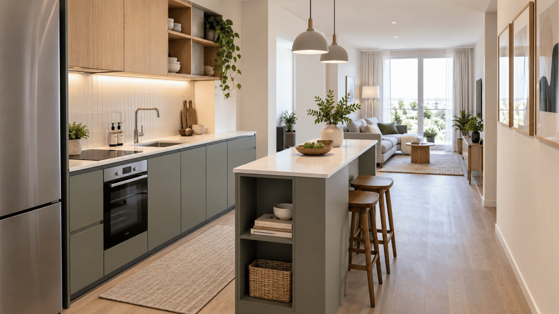 Use a Slim Island in a Narrow Open-Plan Room