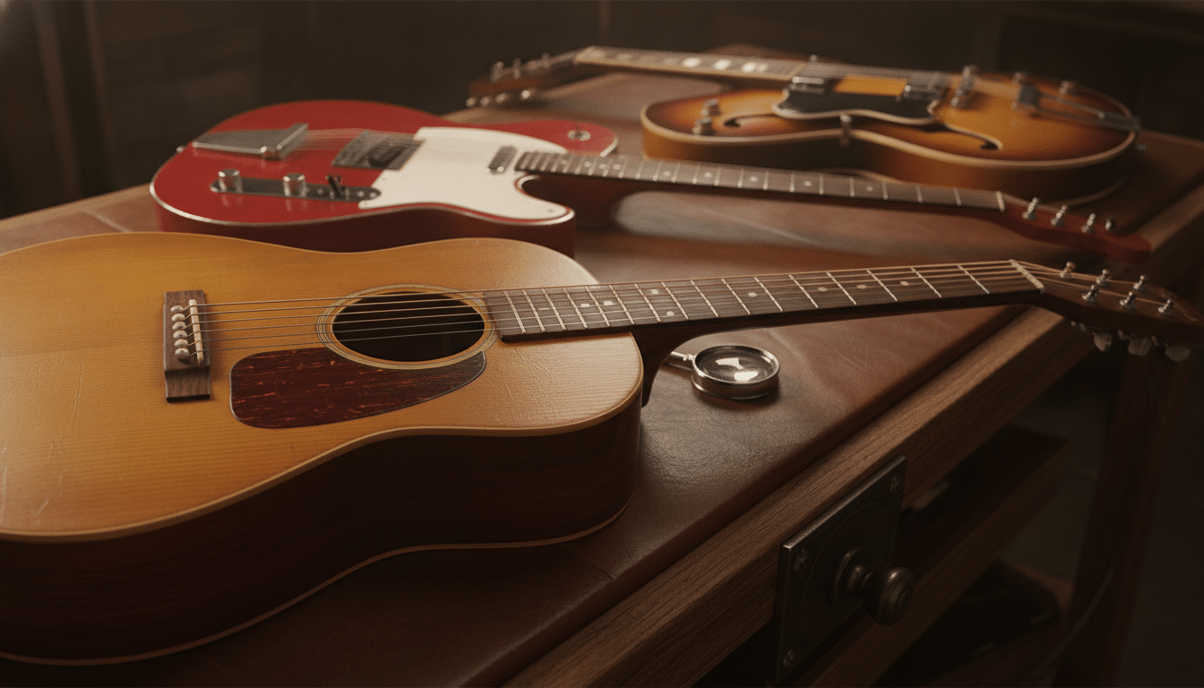 Acoustic and electric guitars on leather-covered wooden table in dimly lit room