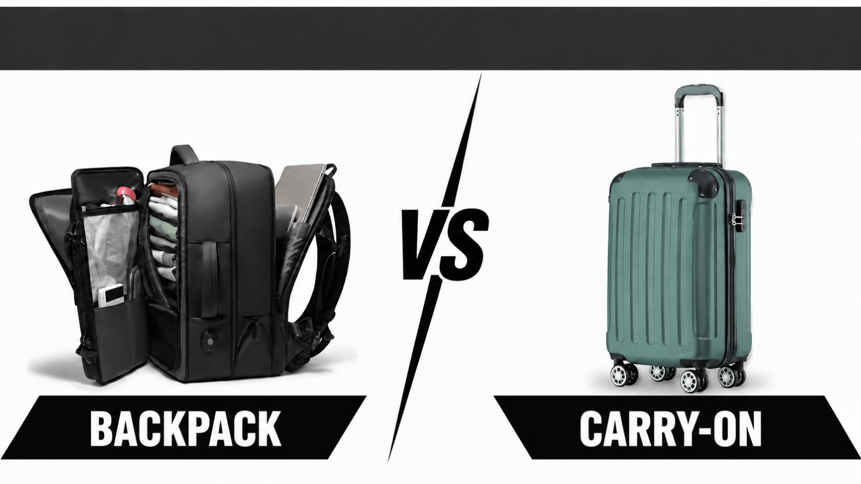 Backpack vs carry-on suitcase comparison with a center dividing line, showing a packed travel backpack beside a wheeled carry-on.