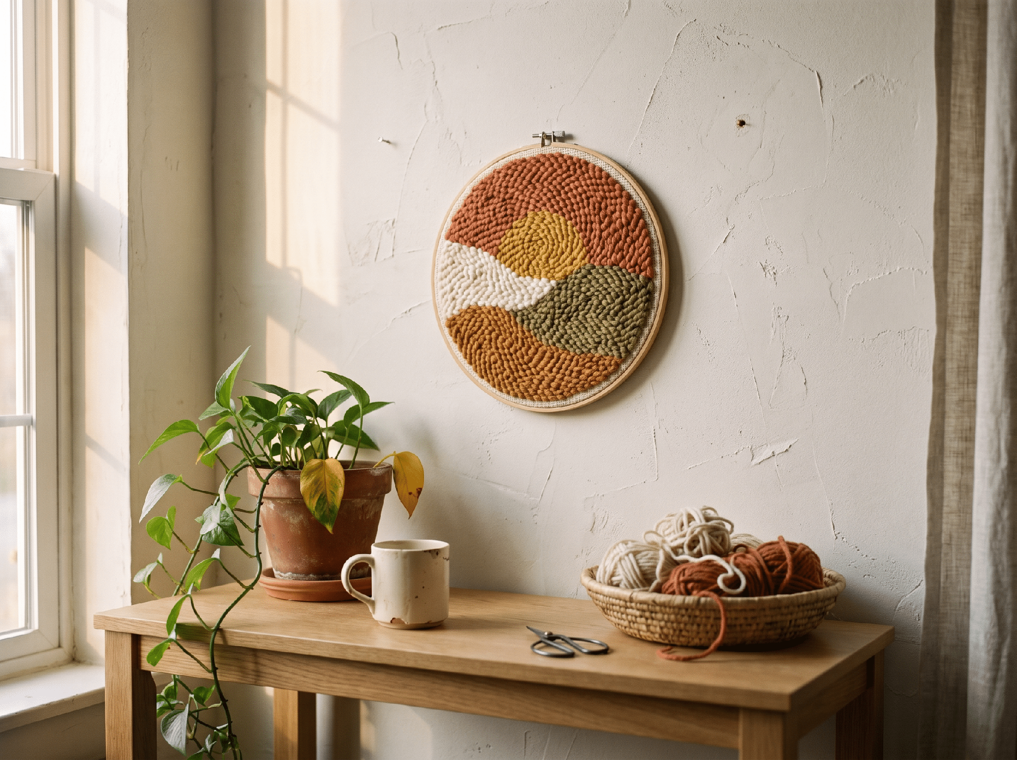 A finished punch needle wall hanging styled in a modern home setting