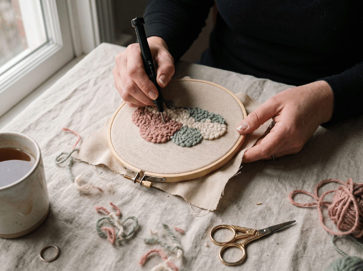 A punch needle project in progress, pastel yarn loops on a wooden hoop, scissors resting on a linen surface