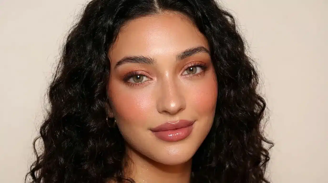 A woman wearing a slightly elevated soft summer evening makeup look with dusty plum eyeshadow, charcoal liner, and a dusty mauve lip under soft evening light.