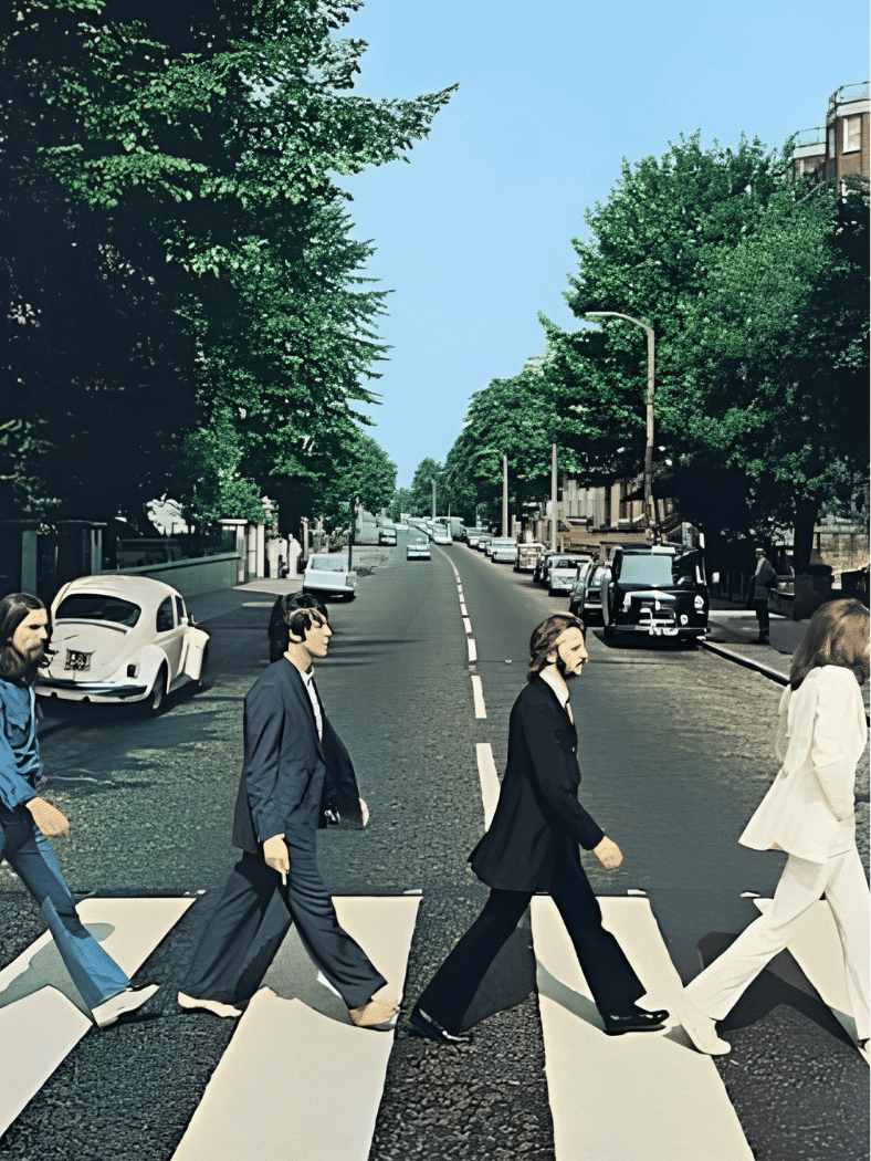 The Beatles โ Abbey Road album cover showing the band crossing the iconic London zebra crossing.