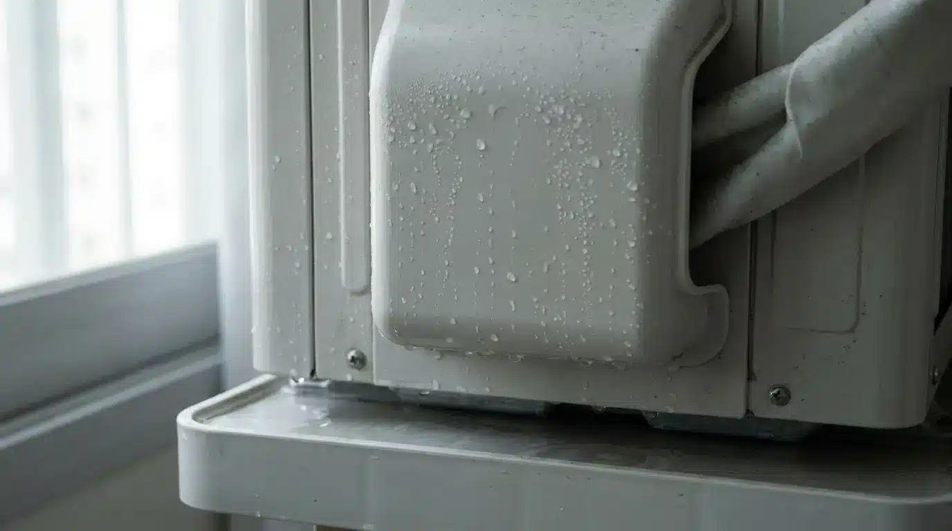 Close-up of dehumidifier with condensation droplets on surface in a dimly lit room