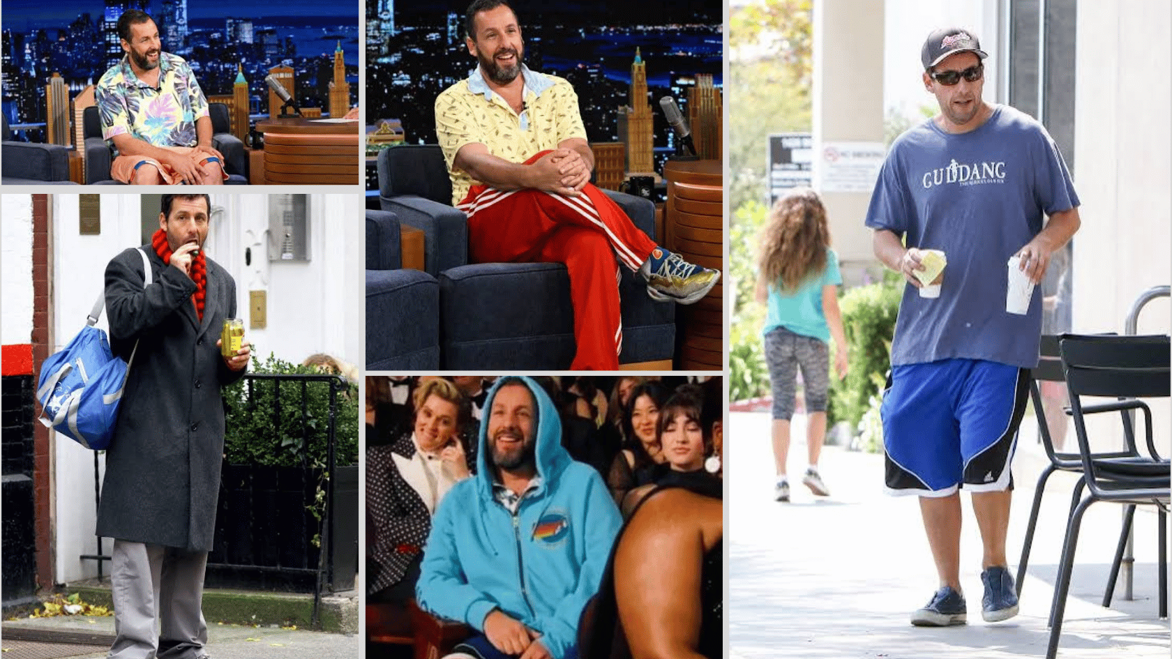 Adam Sandler outfits collage featuring colorful shirts, hoodies, track pants, and baggy shorts