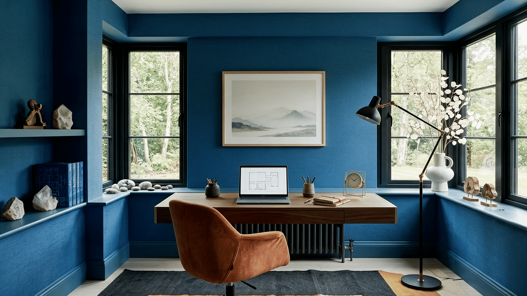 Home office with inspiring artwork placed across from a desk for a balanced workspace.