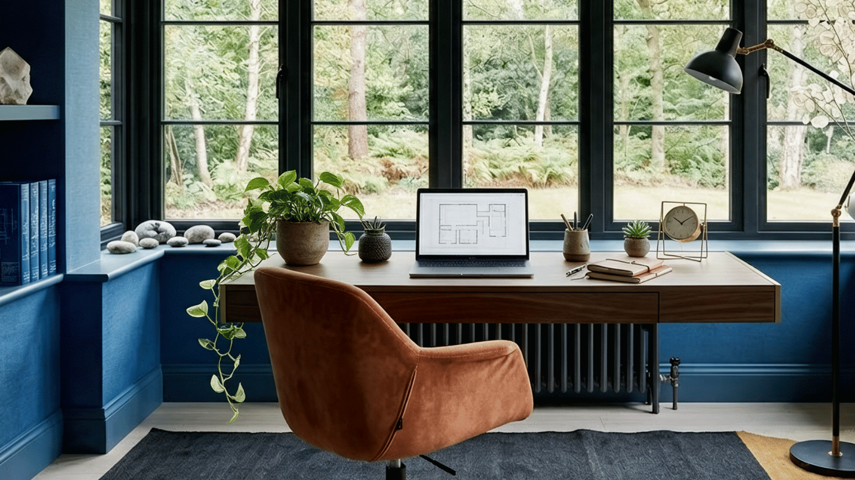 Home office with plants near the workspace, adding natural elements and balanced décor.