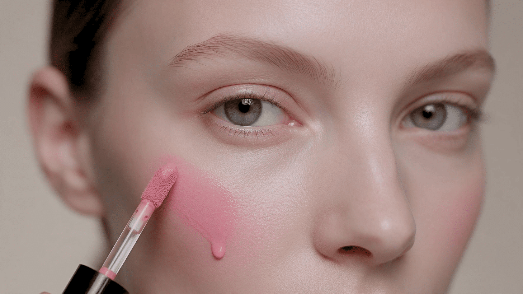 Woman applying pink liquid blush to her cheek with a doe-foot applicator.