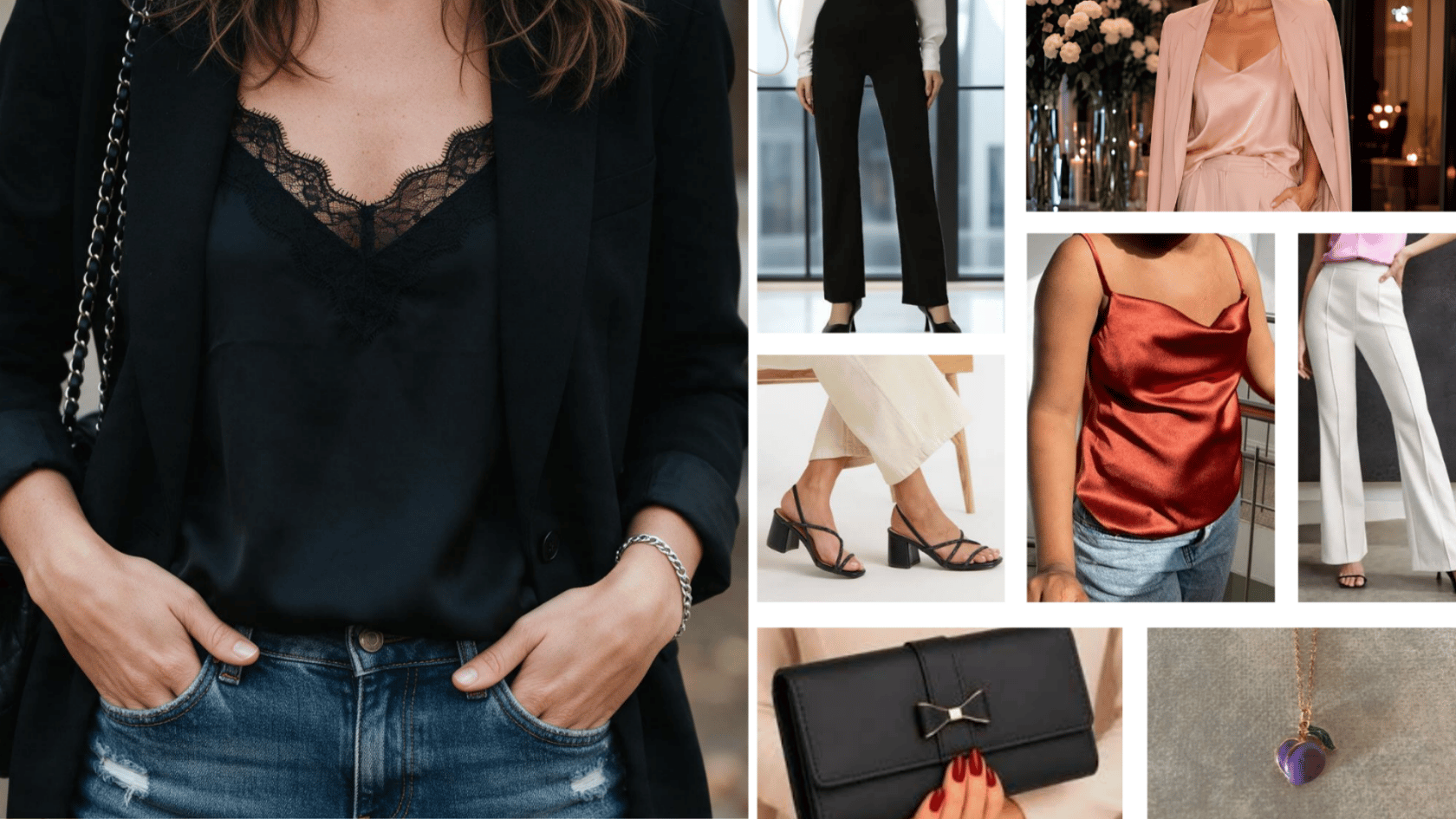 After-work networking event outfit with blazer, lace top, jeans, and elegant accessories