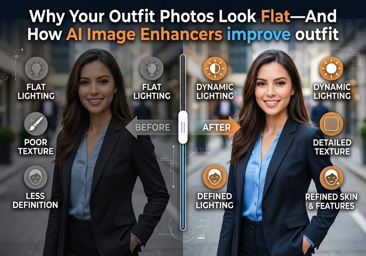 Side-by-side comparison of woman in suit with varying lighting effects in urban setting