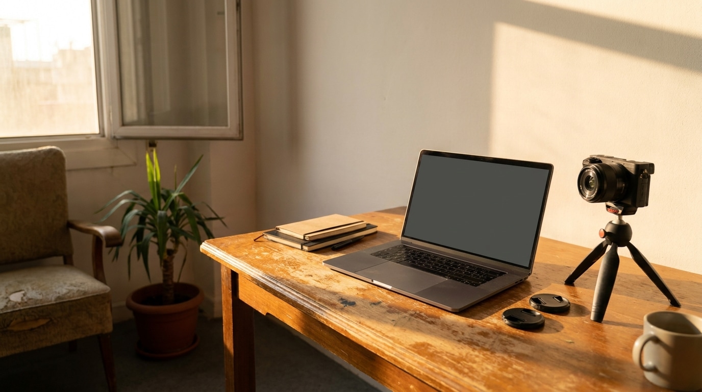 Laptop and camera setup on wooden desk in sunlit home office with potted plant