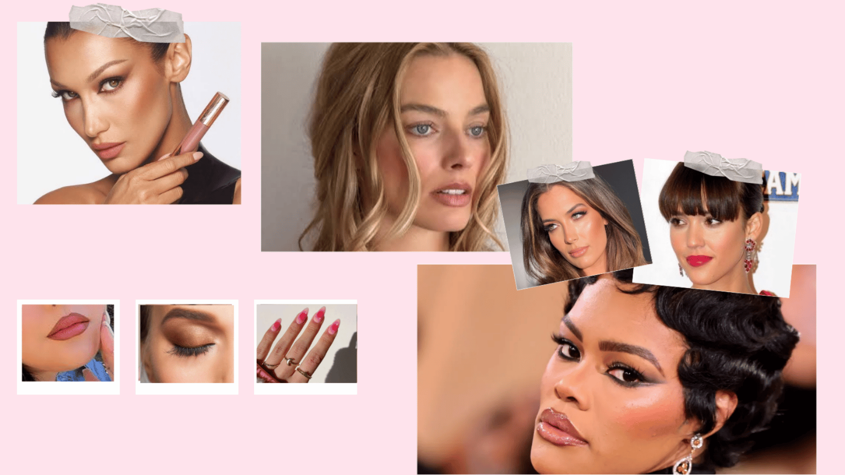 Airbrush makeup looks featuring Jessica Alba, Teyana Taylor, Bella Hadid and Margot Robbie.