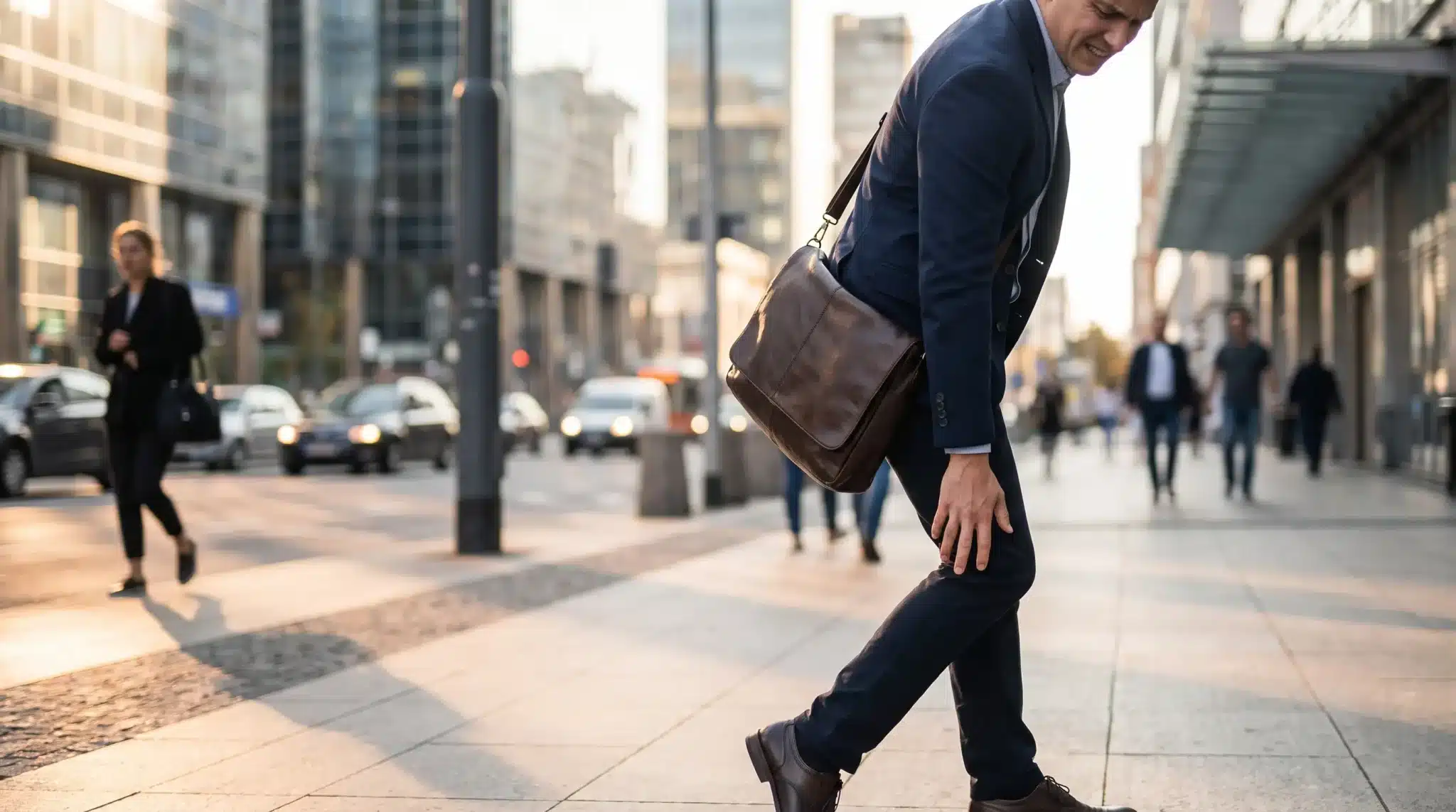 Man in business suit clutching knee in urban street during daytime with blurred pedestrians in background