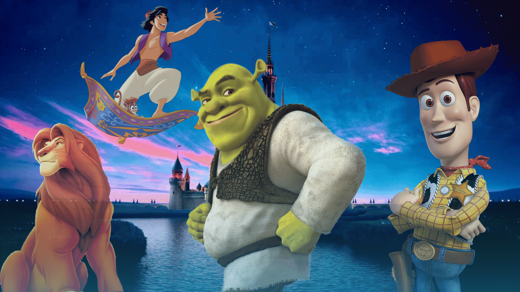 Animated movie characters including Shrek, Woody, Simba, and Aladdin against a fantasy night background.