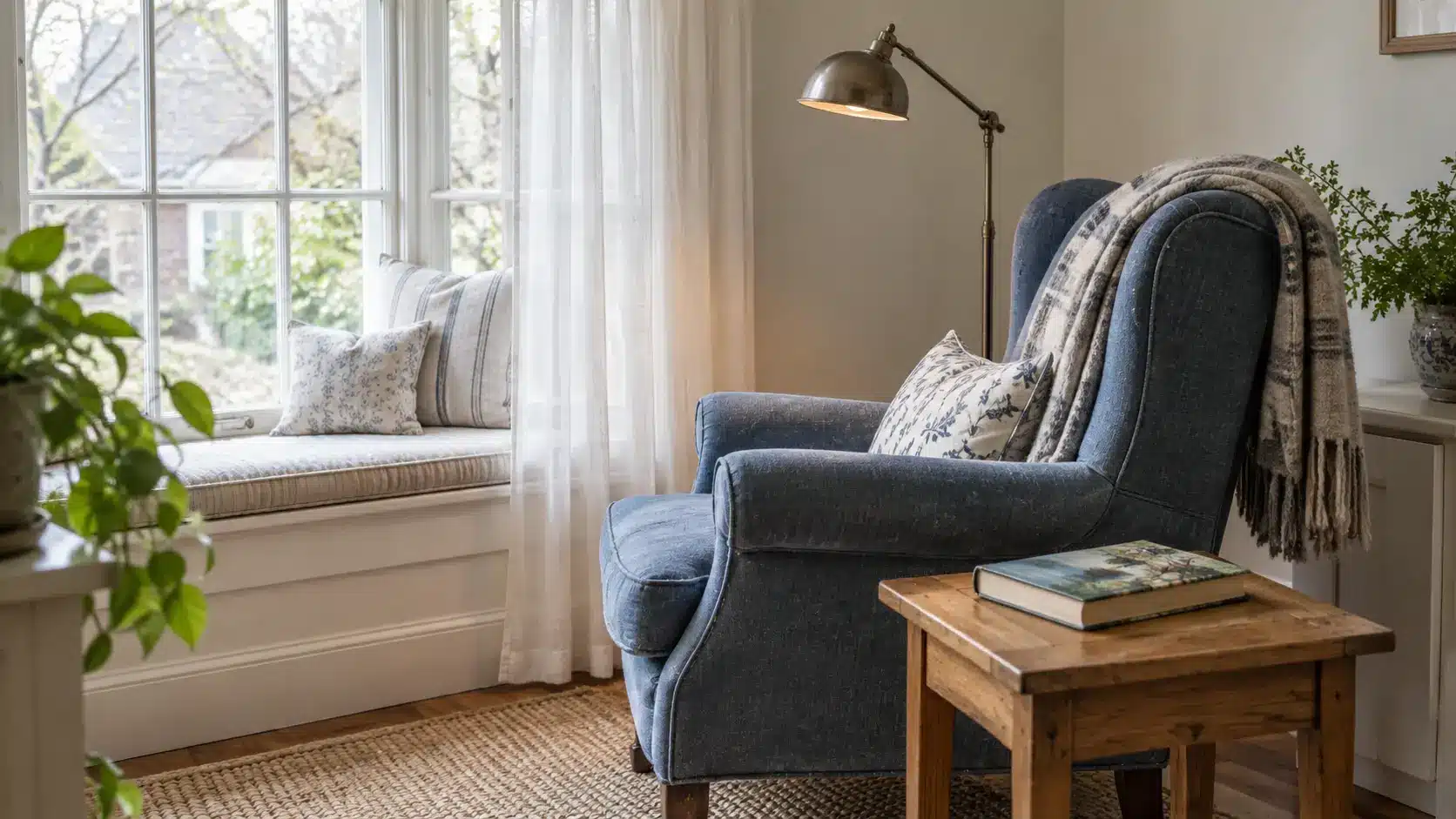 Cozy living room with blue armchair, plaid throw, and window seat in natural light