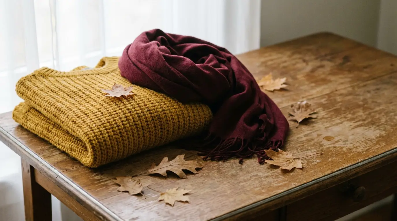 Cozy mustard knit sweater and burgundy scarf on wooden table with autumn leaves