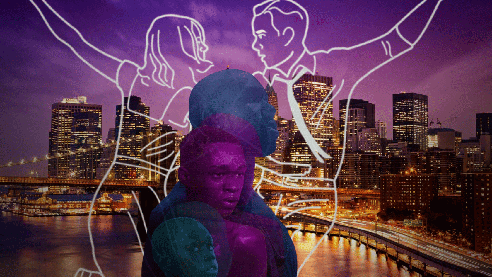 City skyline at night with illustrated figures and layered silhouettes in a purple-toned cinematic collage.