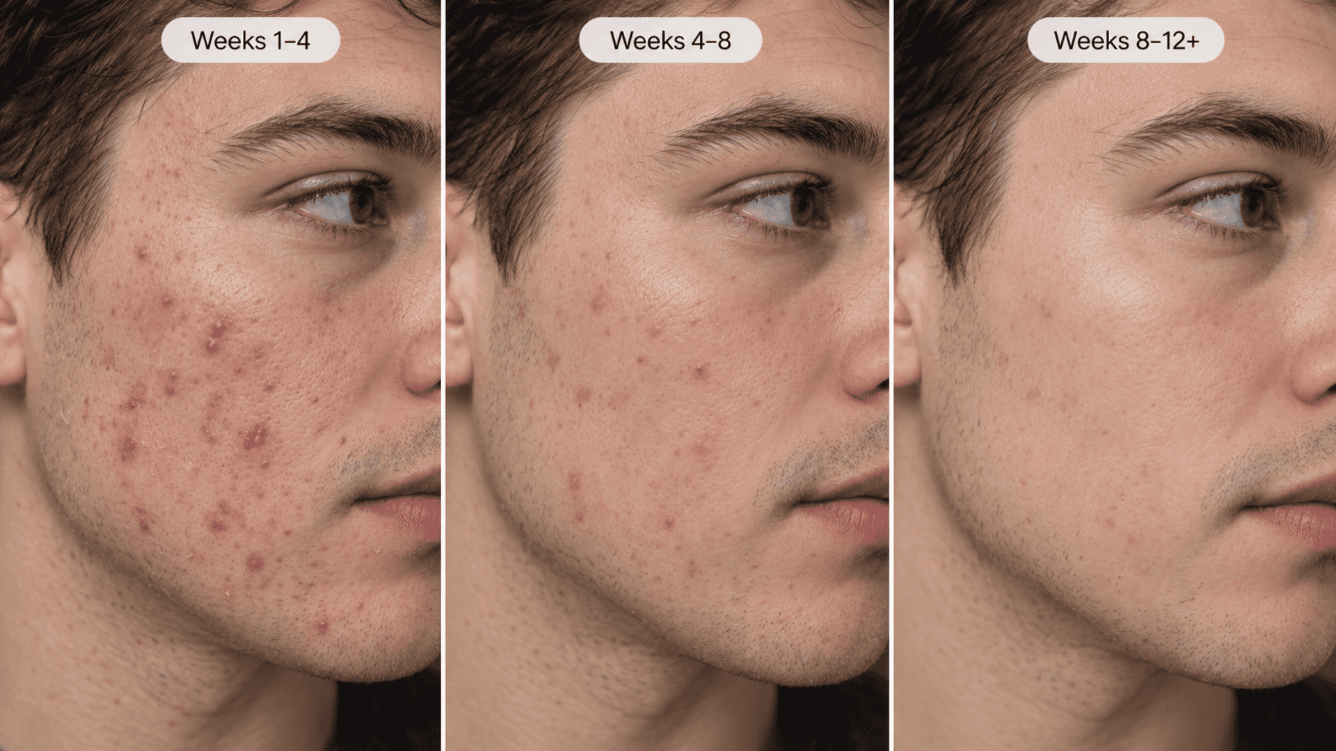 Azelaic acid before and after timeline showing reduced acne, redness, and dark marks from weeks 1 to 12