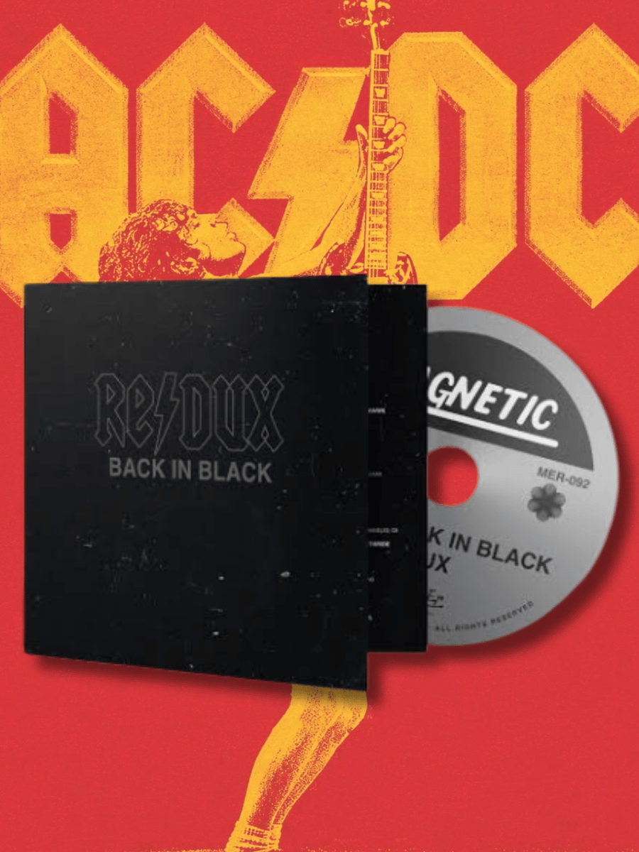AC/DC Back in Black album cover with CD displayed against a red and yellow background.
