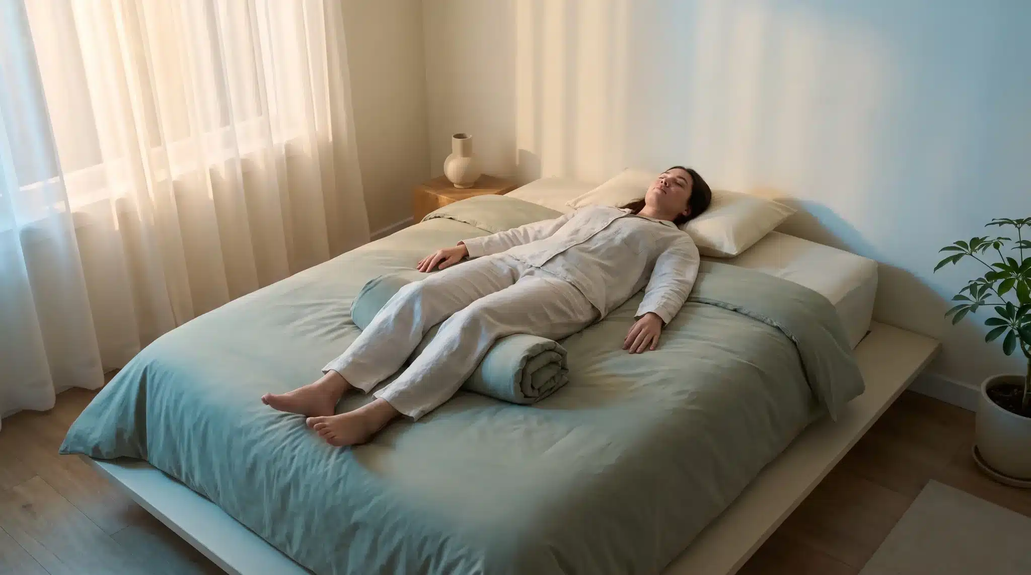 Woman lying in bed wearing pajamas in softly lit bedroom with wooden floors and potted plant