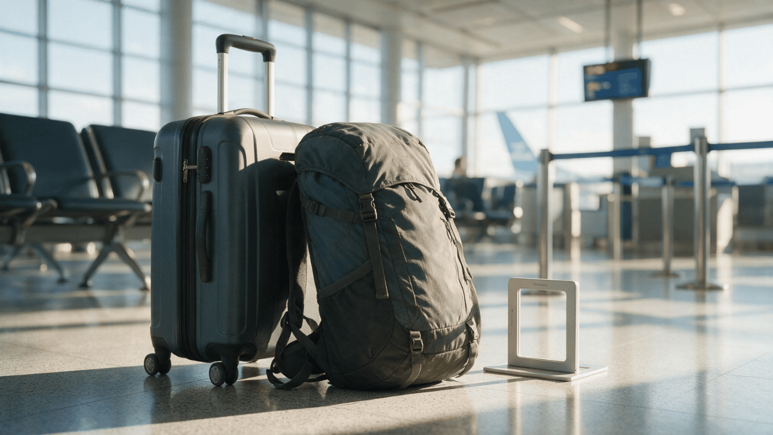 Carry-on suitcase and travel backpack beside an airport luggage sizer, illustrating does a backpack count as a carry on.