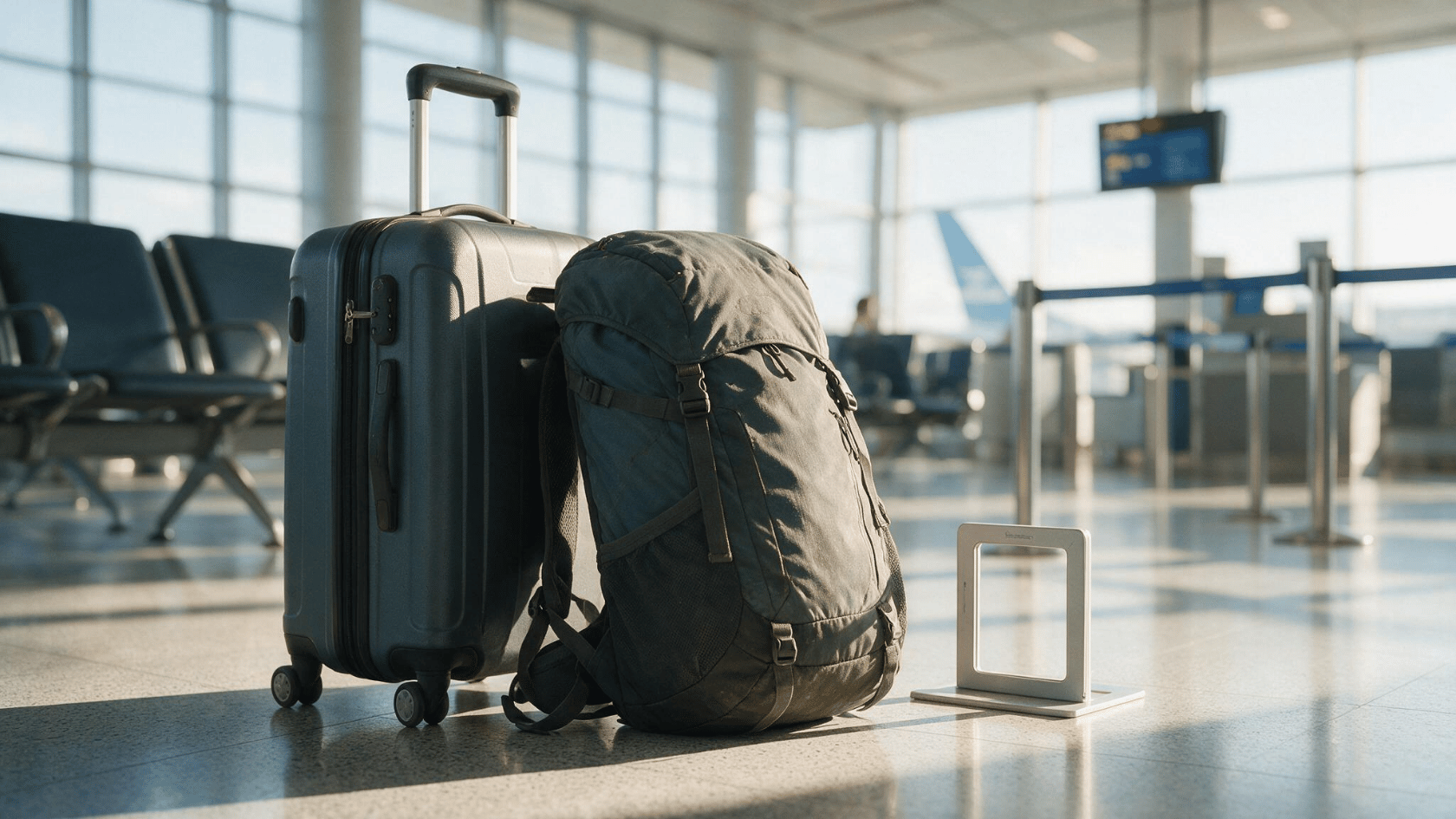 Carry-on suitcase and travel backpack beside an airport luggage sizer, illustrating does a backpack count as a carry on.