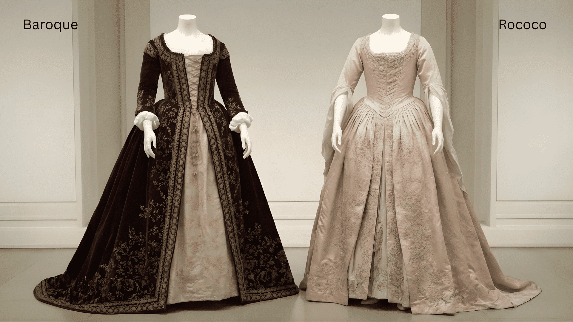 Baroque and Rococo gowns on mannequins, dark embellished dress on left and pastel dress on right