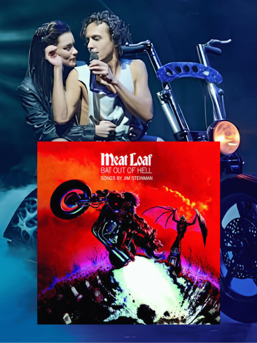 Meat Loaf Bat Out of Hell album cover with motorcycle artwork and stage background.