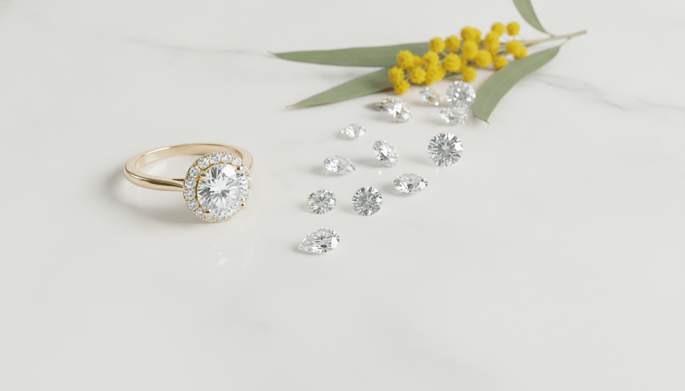 Diamond ring with halo setting and loose gems on white marble surface with yellow flowers