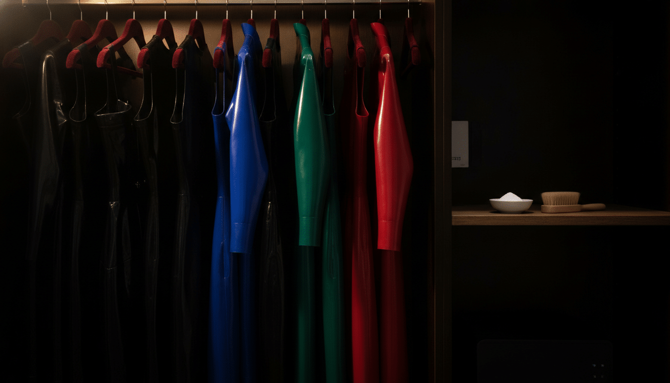 Rubber suits hanging on hangers in dark closet with bowl and brush on shelf