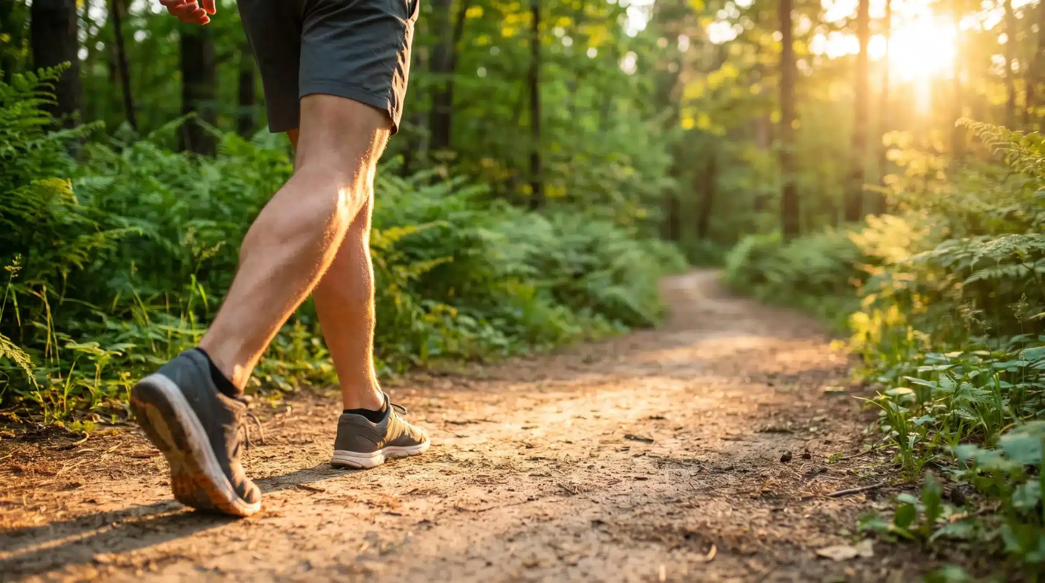 Person walking on forest trail with sunlight filtering through trees