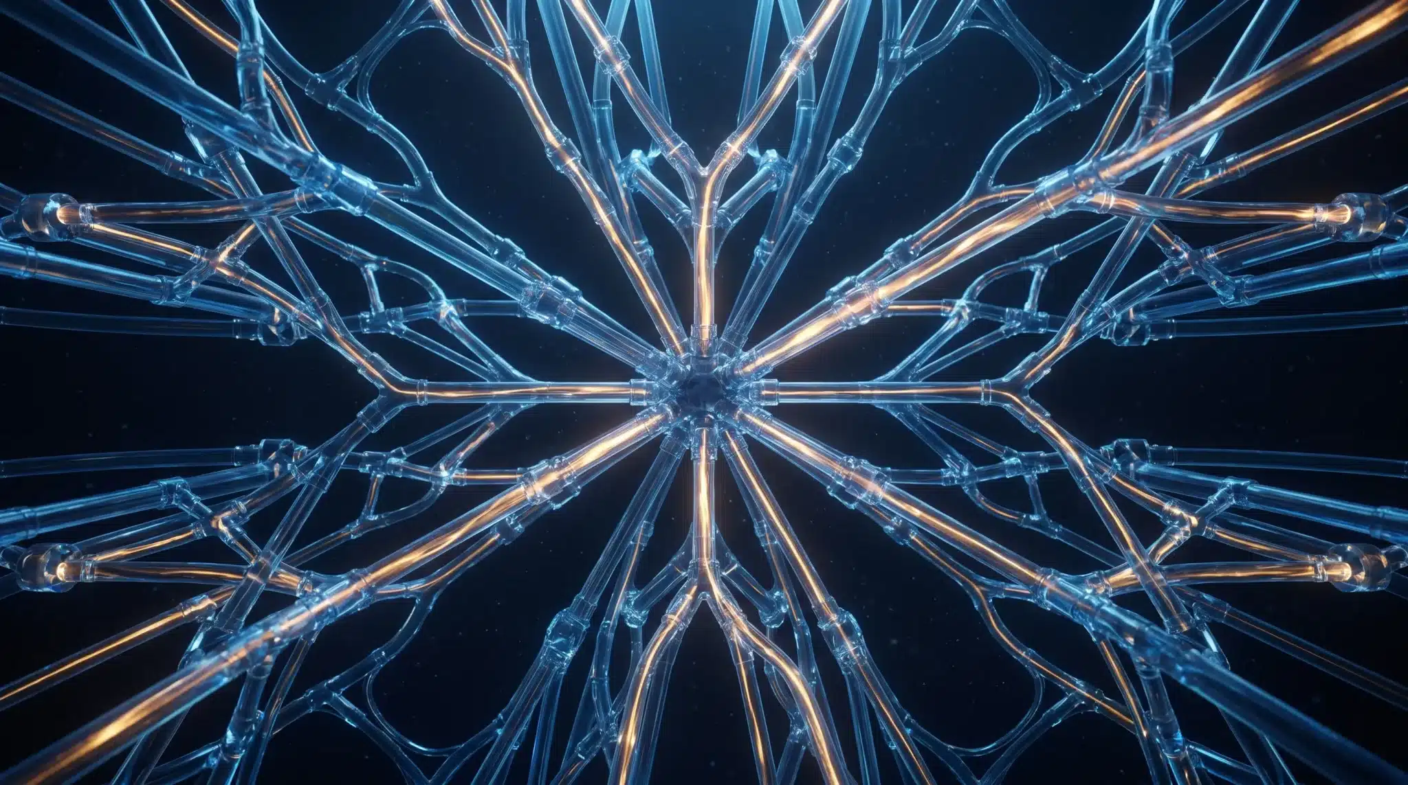 Complex interconnected glowing tubes forming abstract geometric pattern in dark space
