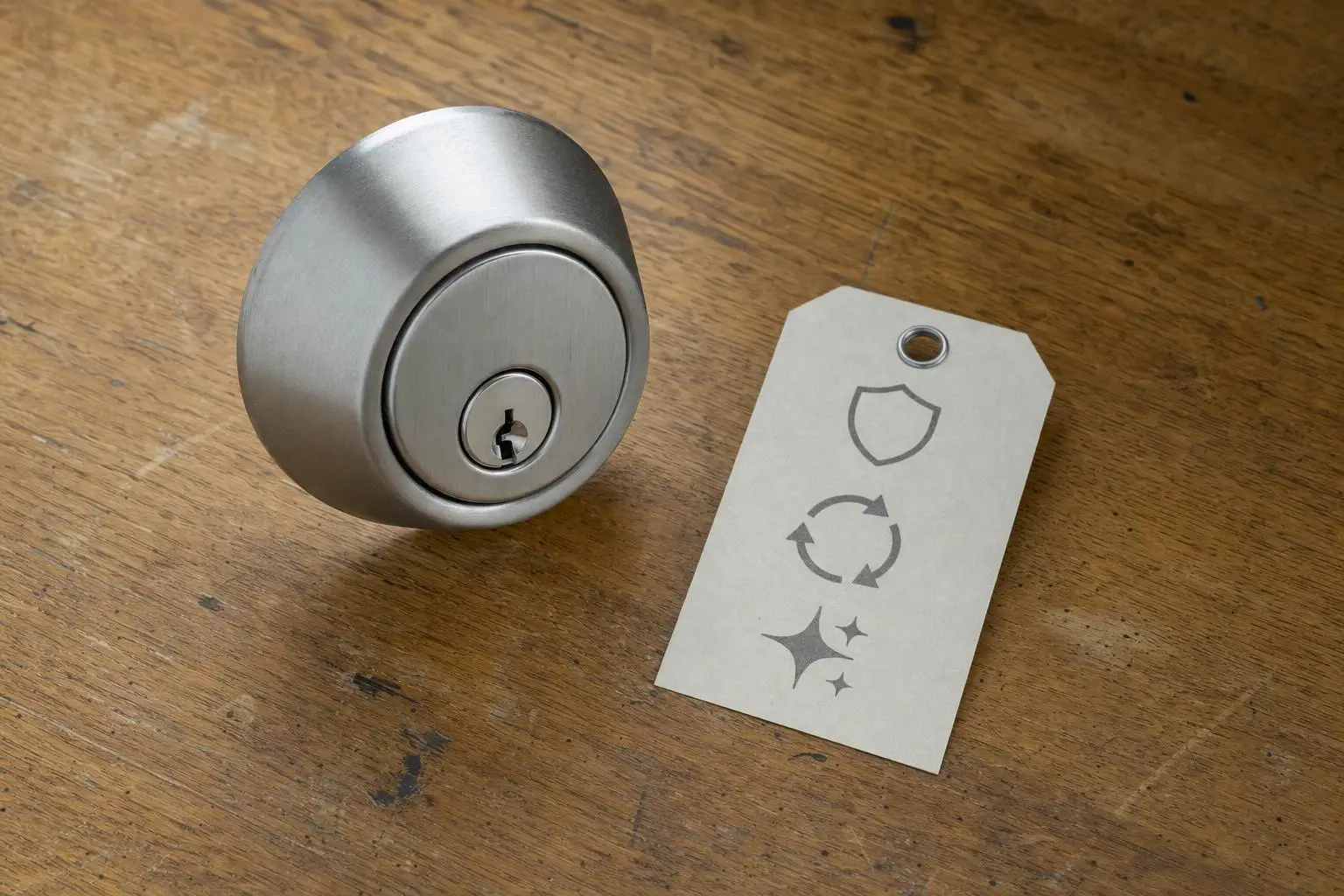 Brushed metal deadbolt lock with a paper tag featuring icons on a wooden surface