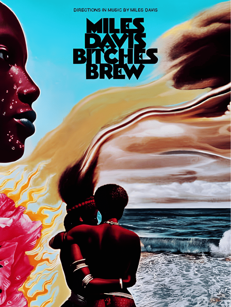Miles Davis โ Bitches Brew album cover featuring surreal faces, ocean waves, and vivid abstract art.