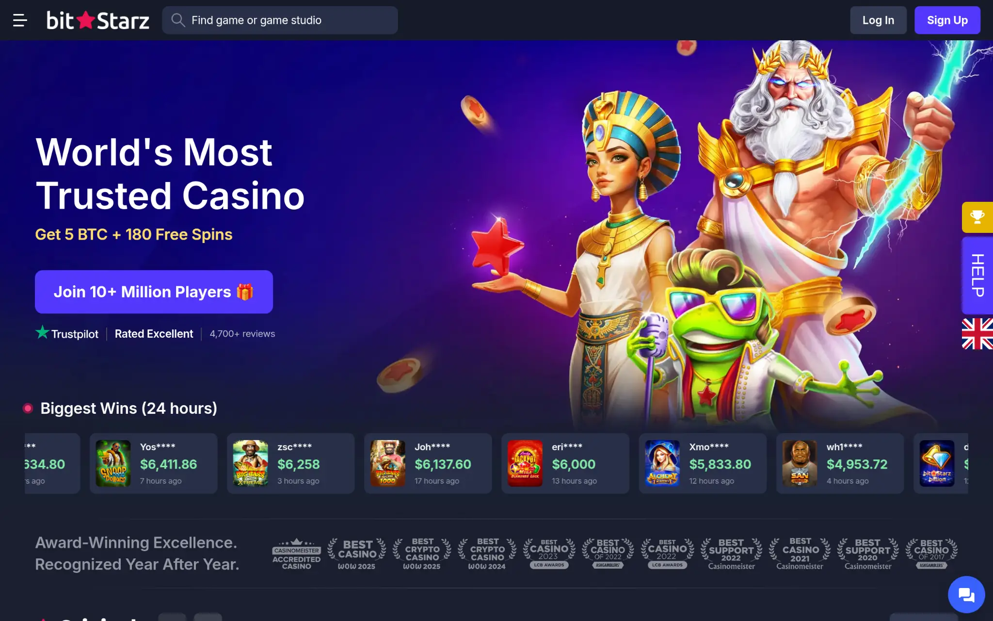 Colorful animated casino characters with Egyptian theme and Greek god, purple background with floating coins