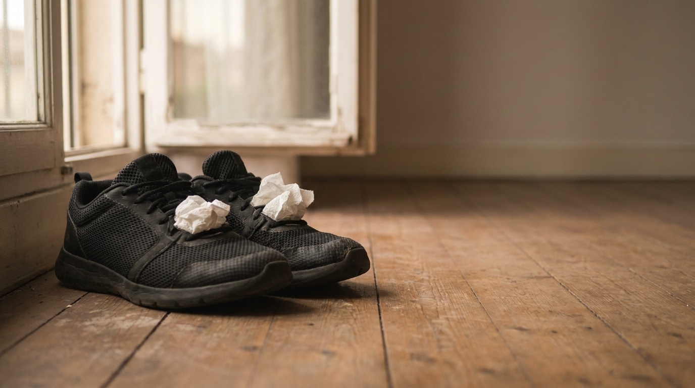 Black sneakers with tissues inside on wooden floor next to open window