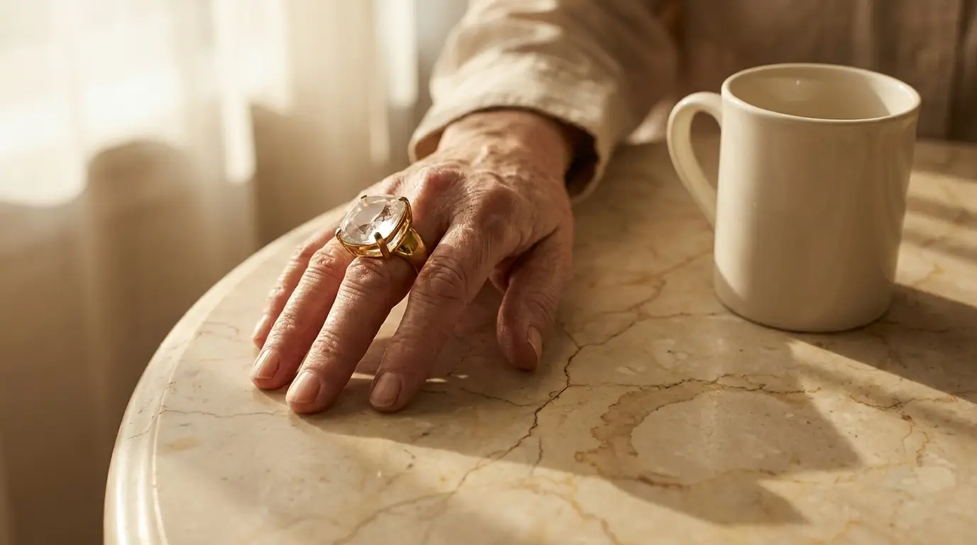 Hand wearing a large gemstone ring resting on marble table with white mug nearby