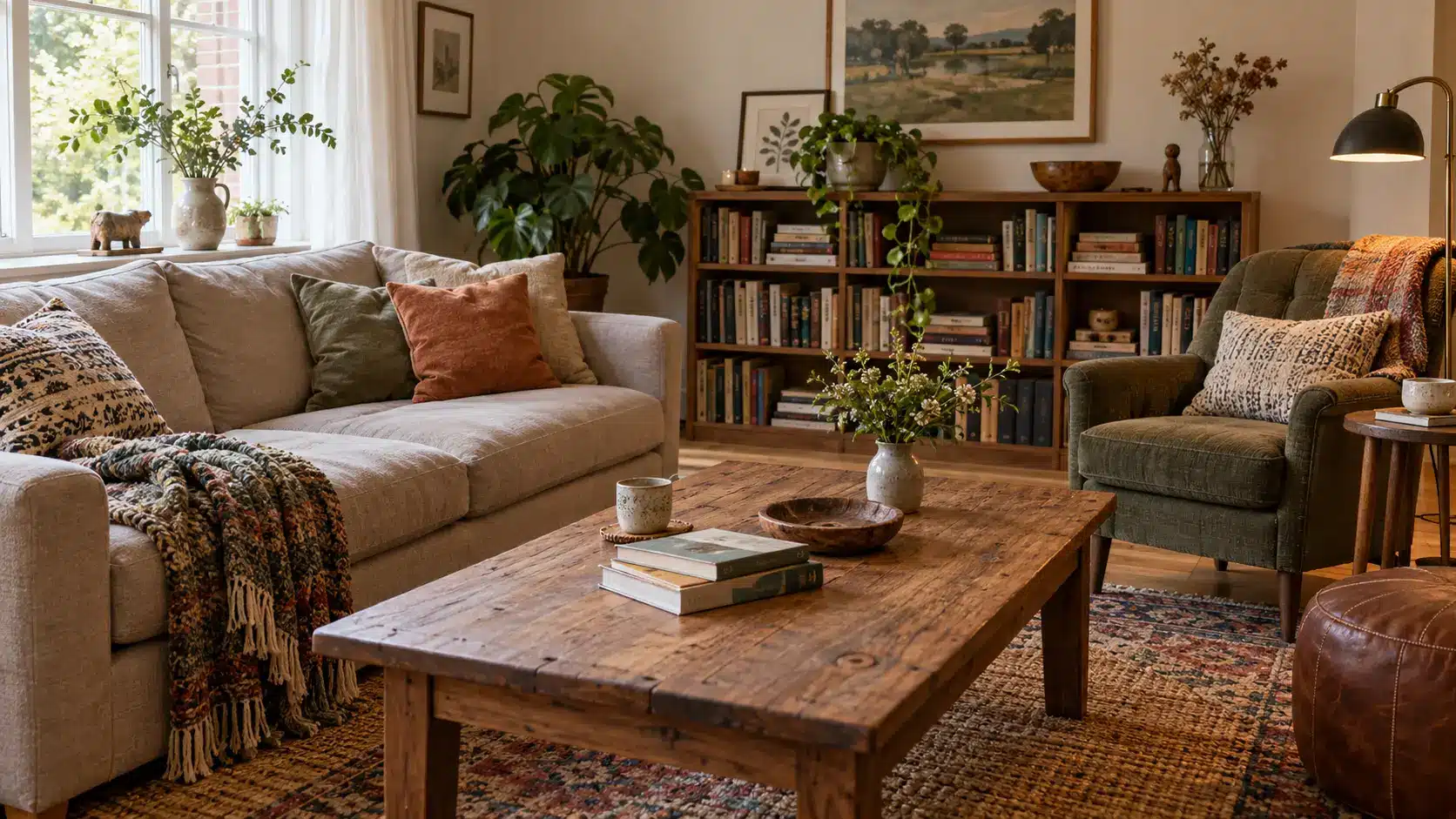 Cozy living room with beige sofa, wooden coffee table, bookshelves, and green plants under natural light