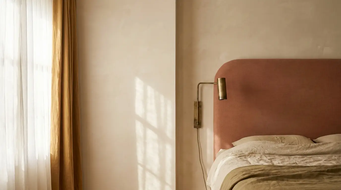 Pink upholstered headboard with brass reading lamp in softly lit bedroom with beige curtains