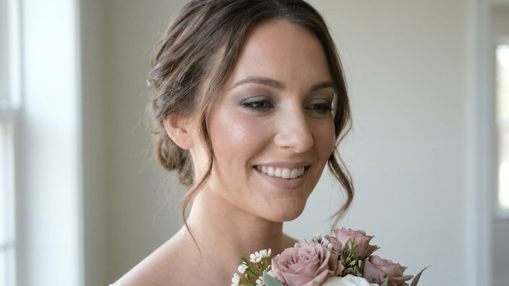 Bride at a three-quarter angle smiling softly, holding a muted floral bouquet, wearing soft summer makeup look