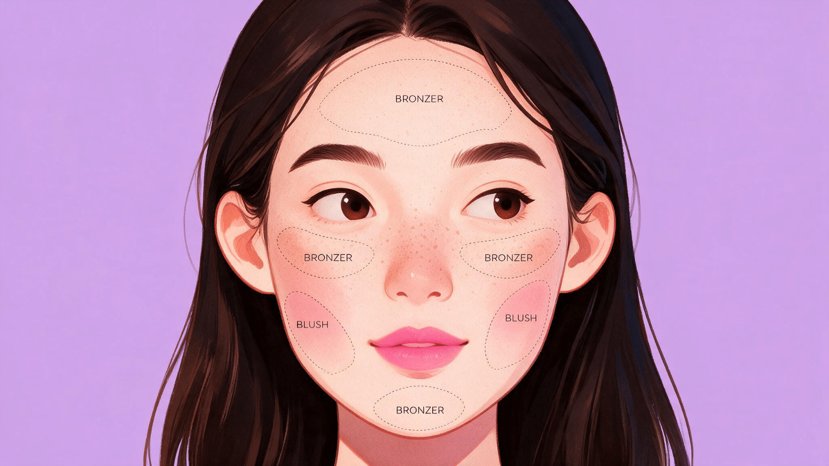 Illustration showing bronzer and blush placement areas on a woman's face for makeup contouring guidance