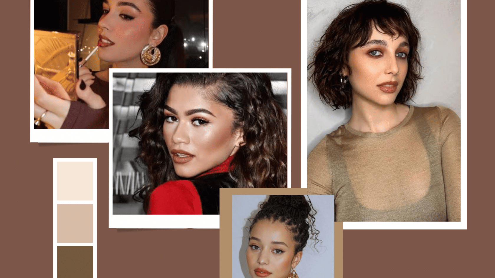 Brown-tone monochrome makeup moodboard inspired by Emma Chamberlain and Zendaya styles