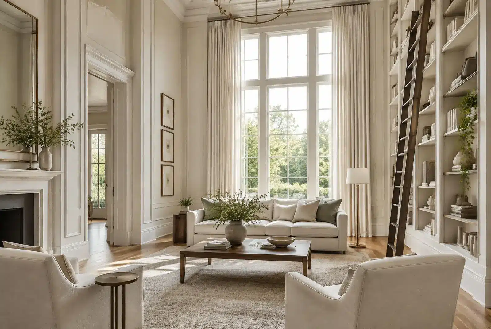 Elegant living room with tall windows, neutral sofa, wooden coffee table, and floor-to-ceiling bookshelves