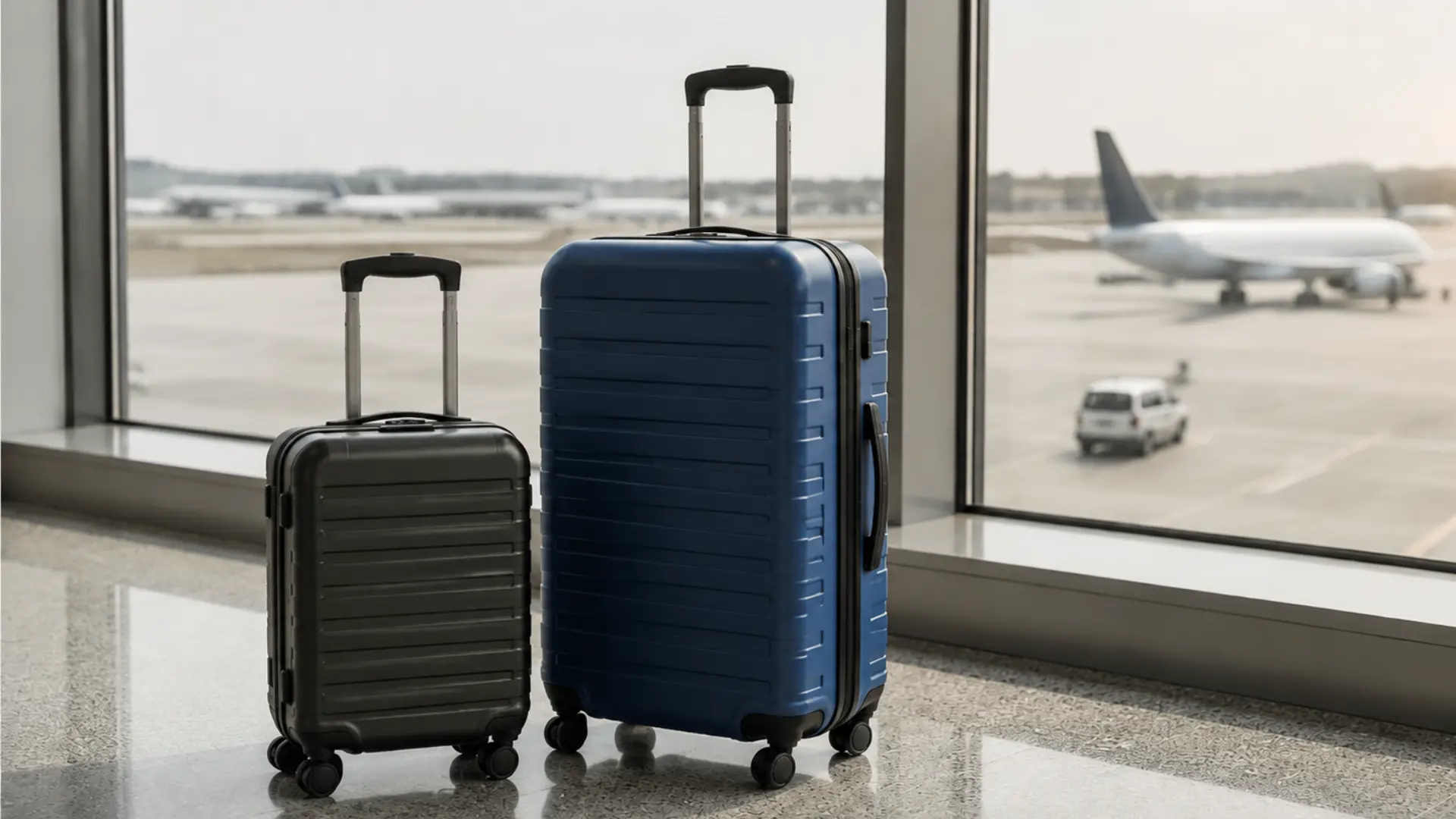 Two suitcases with wheels placed near an airport window showing an airplane on the runway for carry-on and checked bag comparison.