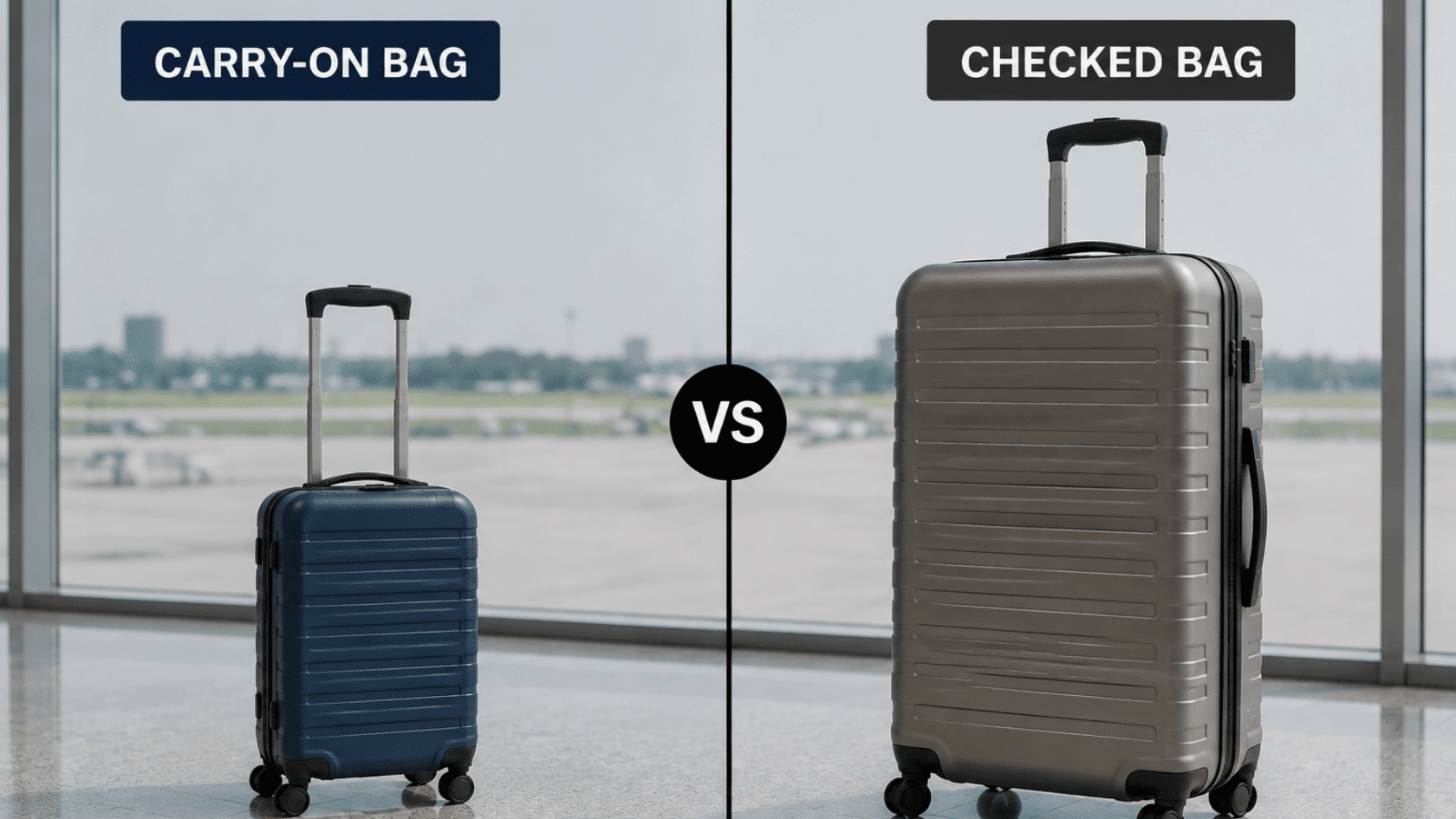 Comparison graphic showing a carry on vs checked bag with suitcases at an airport terminal.