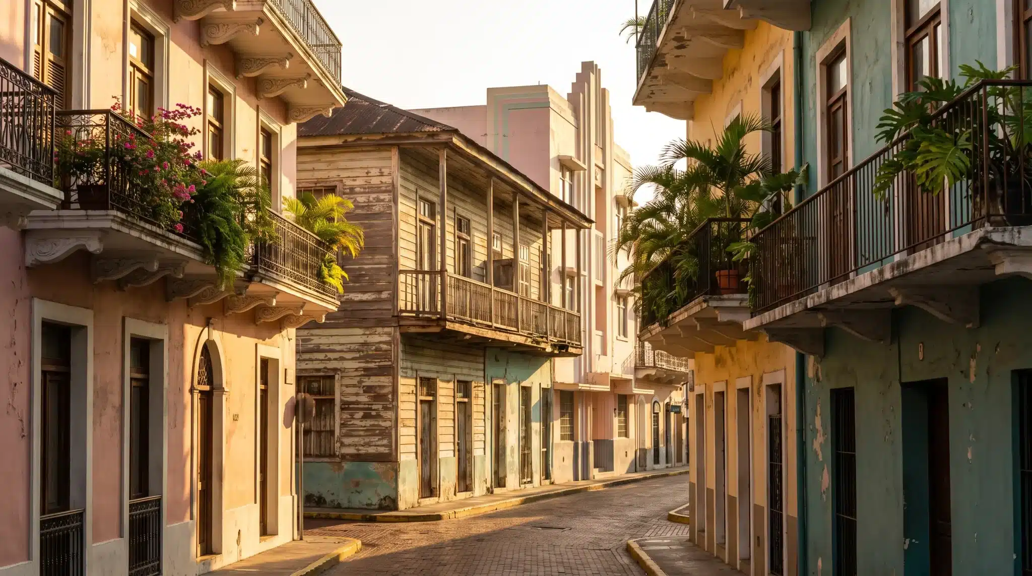 Colorful colonial buildings with balconies and plants along a narrow cobblestone street in warm sunlight